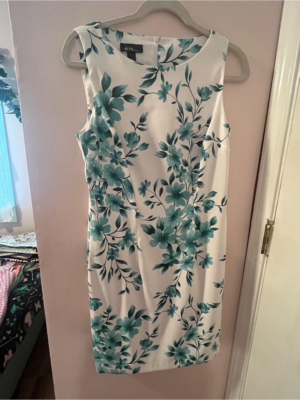 ALYX White Midi Dress with Teal Floral Print. Classic. Country Club. Girly.